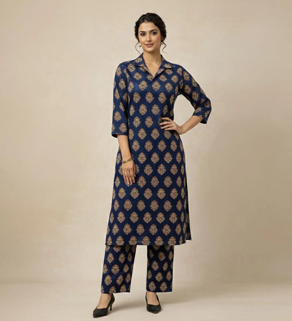 Block Printed Kurti_Royal Blue 011 Block Printed Handmade Royal Blue Co-ord Set